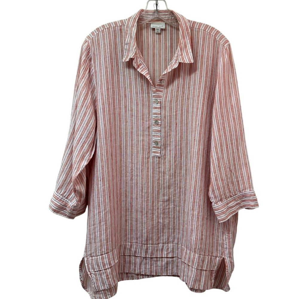 J.Jill Love Linen Striped Tunic Top Orange White 3/4 Sleeve Tall Large